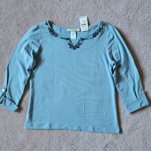 Appleseed's Quarter Sleeve Top Sky Blue Size Petite Small NWT